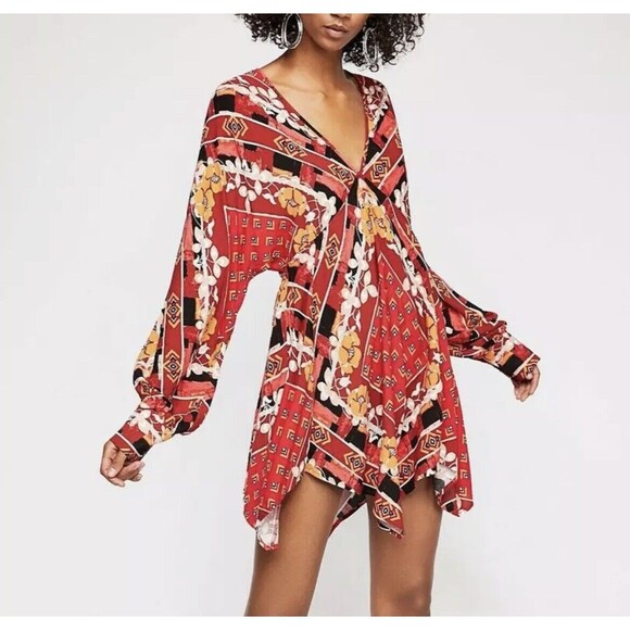 Free People Dress Women’s Large Ride to the Sunset Red Tunic Top Mini Hippie - Picture 2 of 10